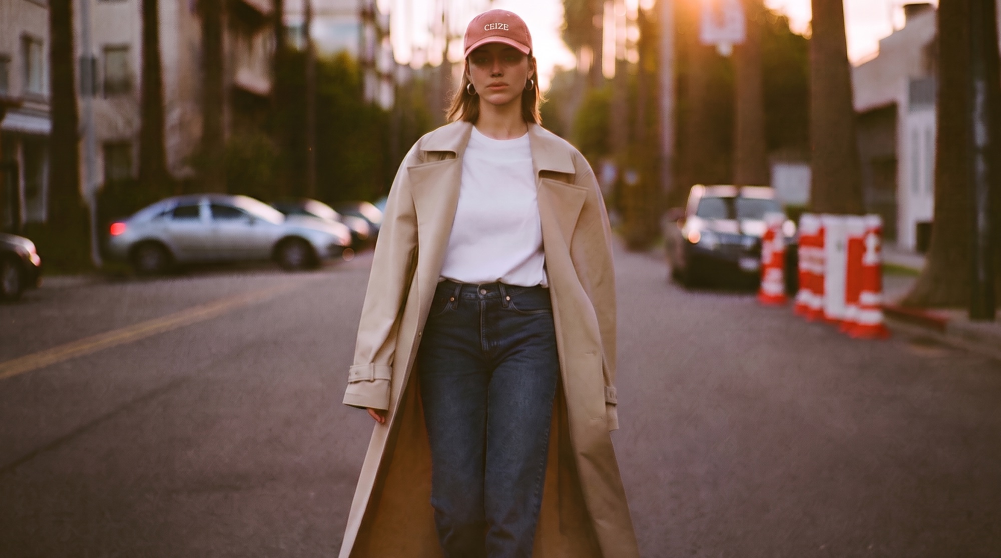 Golden hour street scene, woman in trench and red cap, Los Angeles